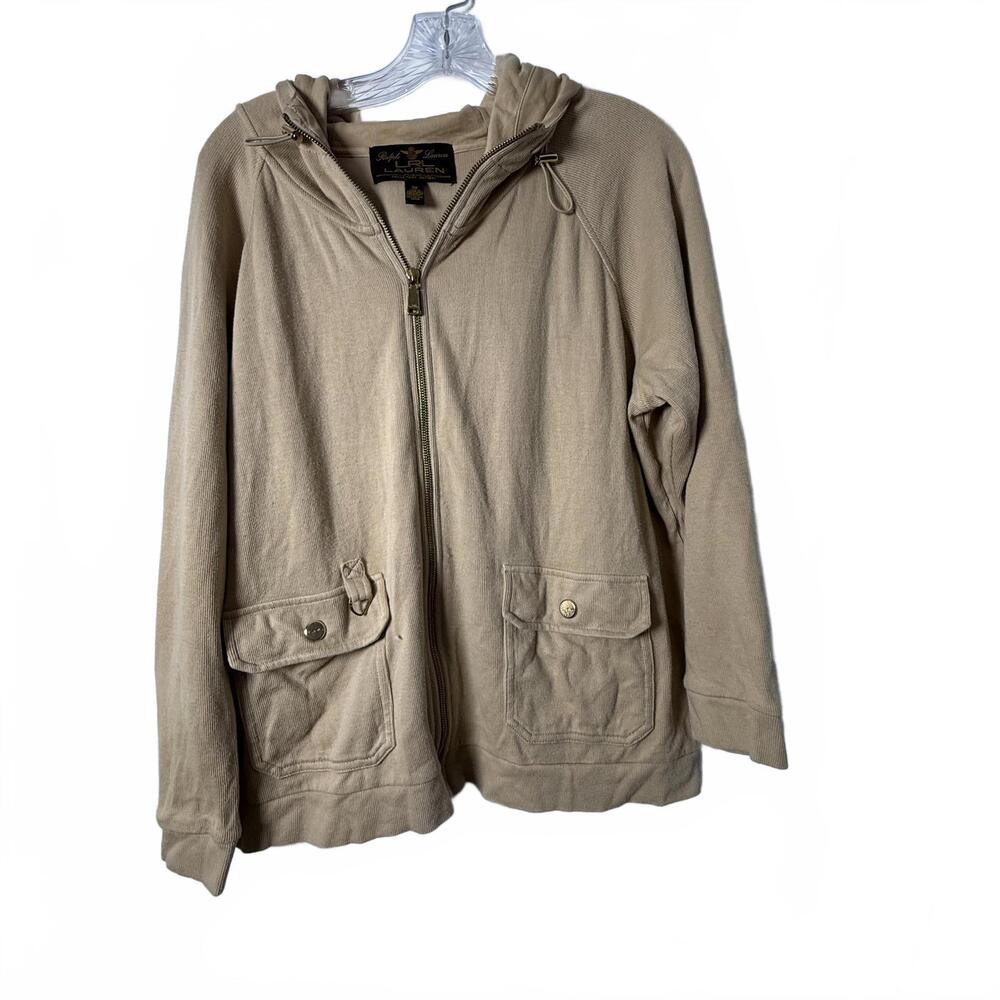 VTG LAUREN RALPH LAUREN beige‎ Cotton Blend Utility Jacket Hoodie Full Zip SZ 2X